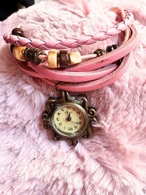 LEATHER WRAP BRACELET Boho Pink With Watch Charm and Beads Vintage Inspired